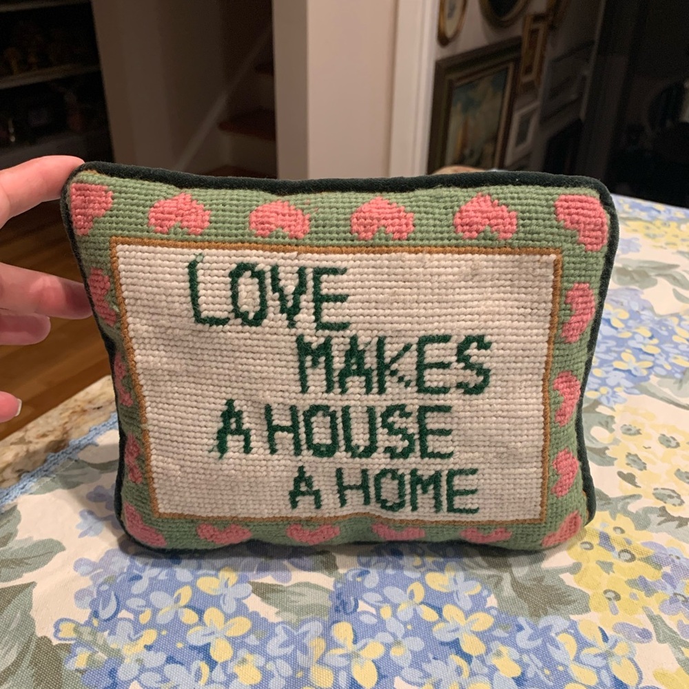 Vintage Needlepoint Green and Pink Decorative Pillow